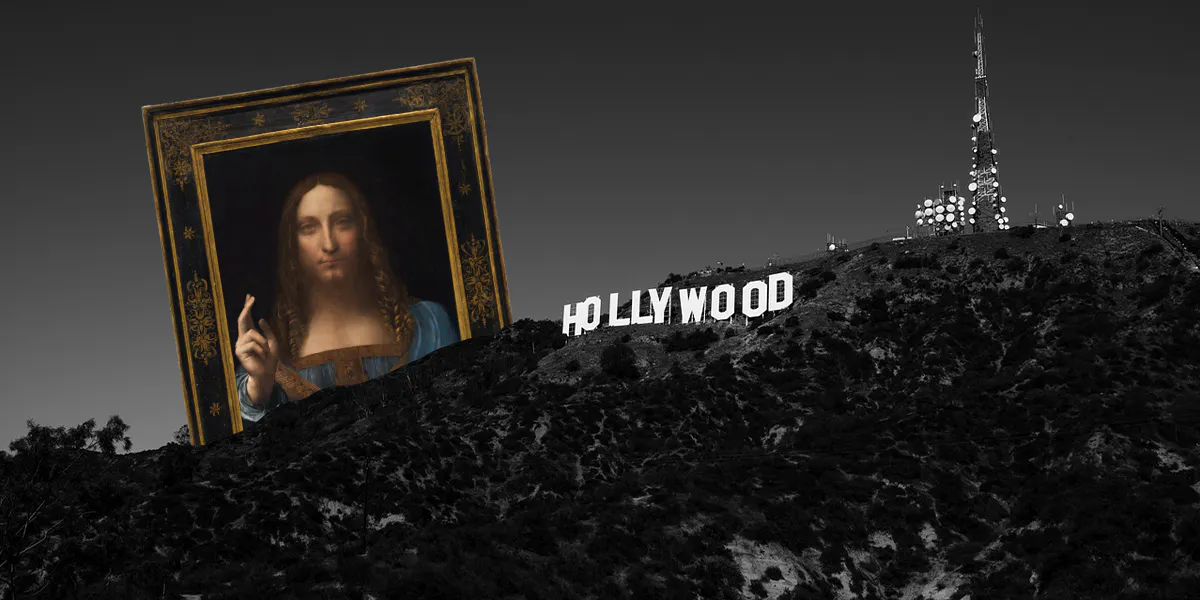 Foto di StockSnap con aggiunta (Leonardo da Vinci, attr.), Salvator Mundi, 1500 circa, olio/legno, 66 x 46 cm, proprietà privata. Foto di pubblico dominio