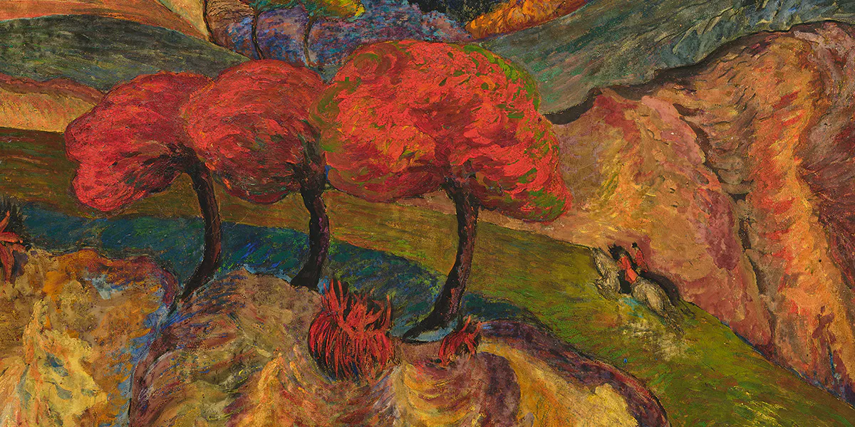 Marianne von Werefkin (1860 Tula-1938 Ascona), Paesaggio romantico con cavalieri, circa 1915, monogrammato, olio e tempera su legno, 56,5 x 74,4 cm. Foto © Koller (dettaglio)
