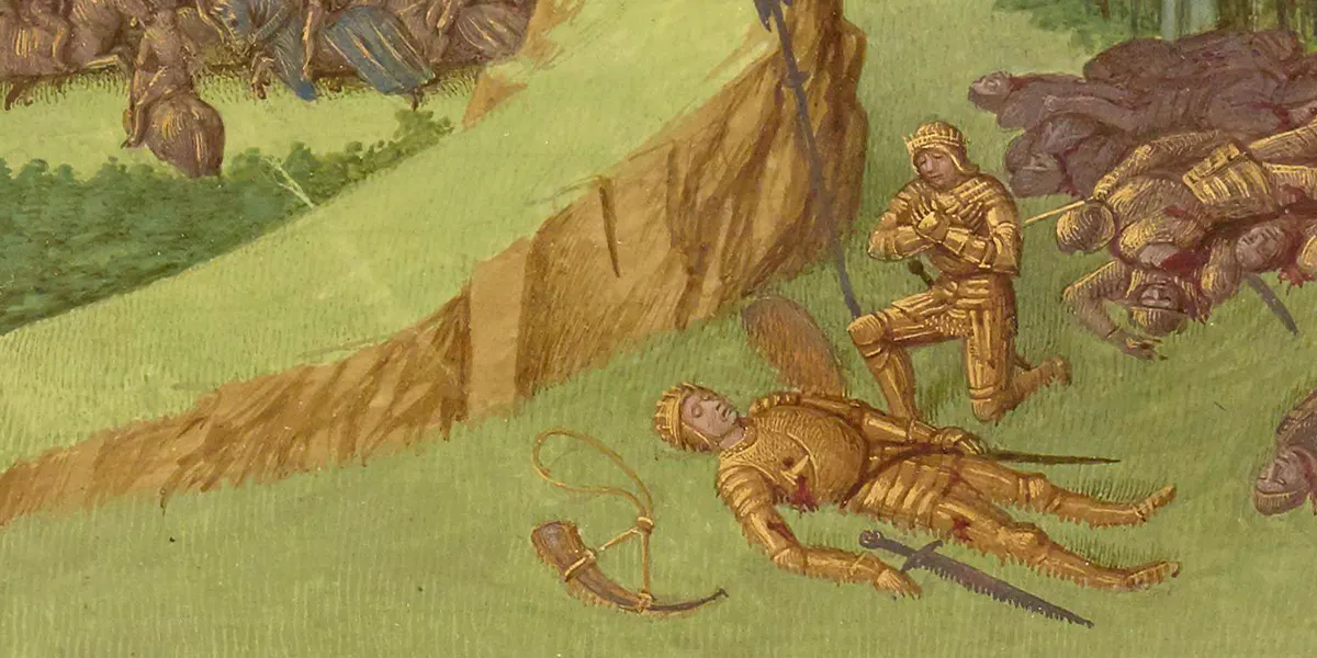 Morte di Roland. In: Grandes chroniques de France di Jean Fouquet, Tours, ca. 1455-1460. foto di pubblico dominio (dettaglio)
