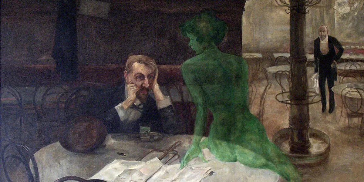 Viktor Oliva (1861–1928), Il bevitore di assenzio, 1901. Immagine di dominio pubblico (dettaglio)