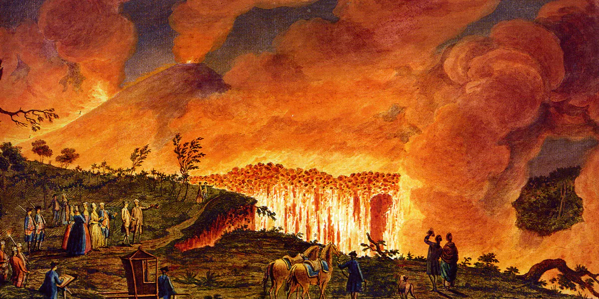Gavin Hamilton (1723–1798), Tourists at a lava stream running down from Mount Vesuvio. Plate XXXVIII from Campi Phlegraei: observations on the volcanos of the Two Sicilies as they have been communicated to the Royal society of London, 1776. Foto gemeinfrei (Detail)