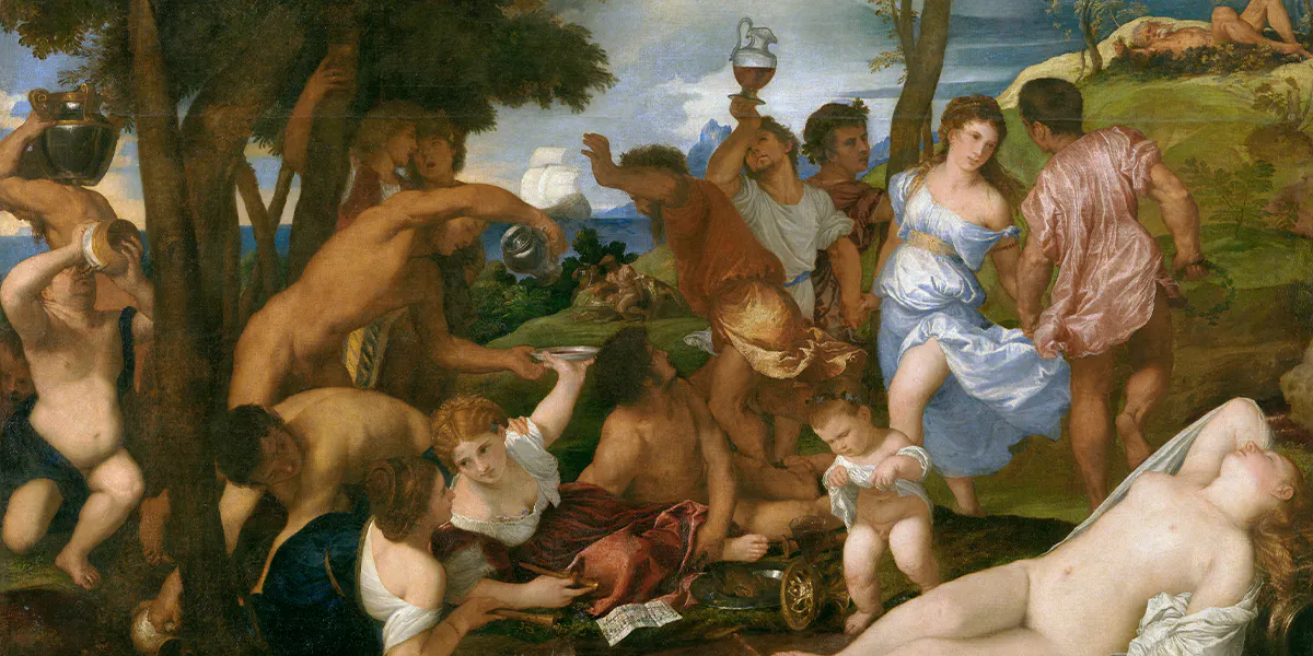 Tizian (um 1488-90 Pieve die Cadore - 1576 Venedig), Das Bacchanal der Andrianer, 1523-26, Öl/Lwd., 175 x 193 cm, Museo del Prado, Madrid. Foto gemeinfrei (Detail)