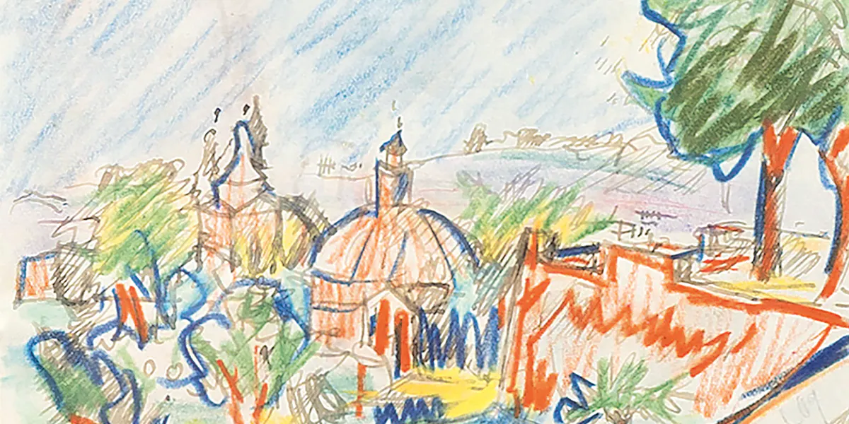 Erich Heckel (1883 Döbeln - 1970 Radolfzell/Bodensee), Tänzerin und Italienische Stadt, 1909, signiert und datiert, Farbkreide bzw. Farbkreide und Feder, beidseitig bemalt, 19,5 x 11 cm, unter Passepartout und Glas gerahmt. Foto © Auktionshaus Stahl (Detail)
