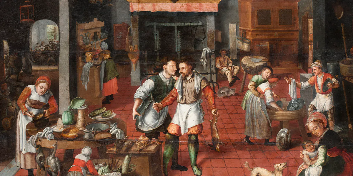 Marten van Cleve (1527-1581), Kücheninterieur, um 1565, Öl/Lwd., 80,5 x 116 cm, Schloss Skokloster, Håbo, Schweden. Foto gemeinfrei (Detail)