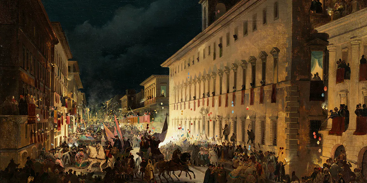 Ippolito Caffi (1809 Belluno – 1866 Lissa), Nächtlicher Karneval in Rom, signiert, Öl/Lwd., 68 x 93 cm. Foto © Hampel (Detail)