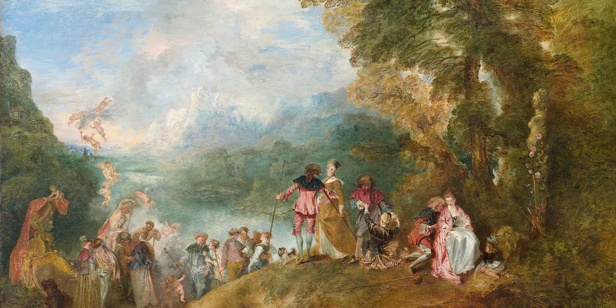 Antoine Watteau, Einschiffung nach Kythera, 1717, Öl/Lwd., 120 x 190 cm, Musée du Louvre, Paris. Foto gemeinfrei (Detail)