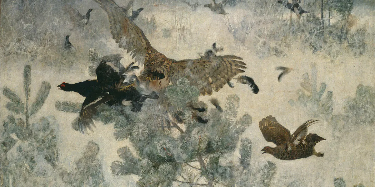 Bruno Liljefors, "Duvhök och orrar" ("Habicht und Birkhühner"), 1884, Öl/Lwd. Foto © Linn Ahlgren / Nationalmuseum (Detail)