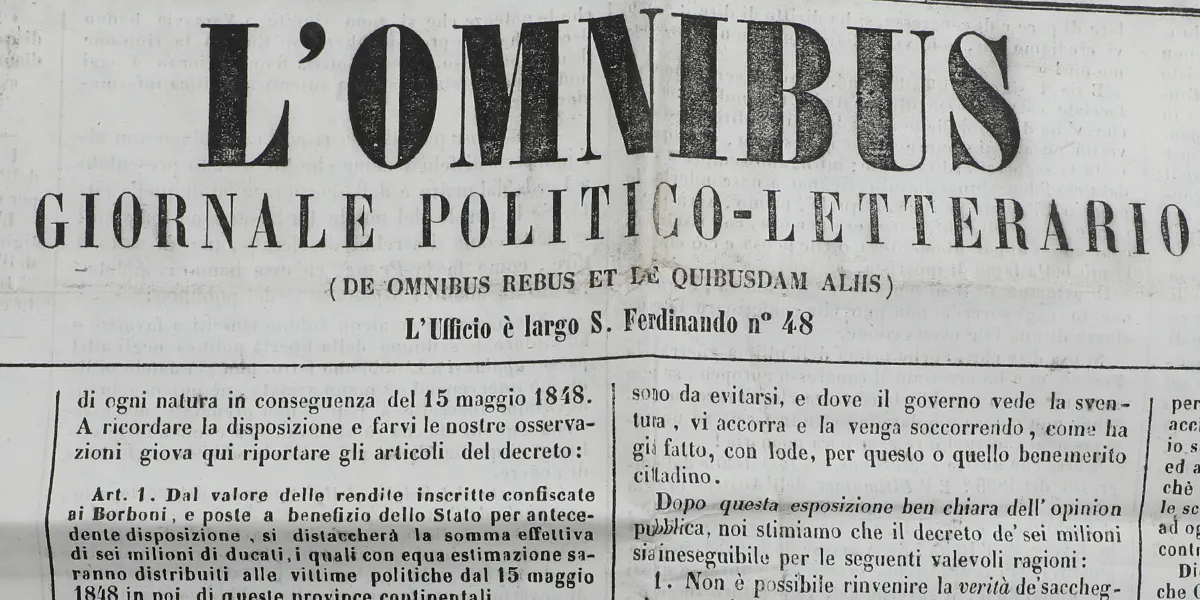 Numero di L'Omnibus del 6 novembre 1860, dall'archivio di Baronissi. Foto © Bruun Rasmussen (dettaglio)