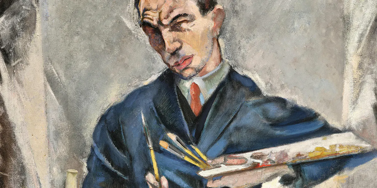 Max (Mopp) Oppenheimer (1885 Vienna - 1954 New York), Autoritratto, ca. 1933, sulla tela originale un'etichetta della Casa degli Artisti, Vienna 1932/3135, timbro e numero d'inventario 60148 del 'Museo Storico di Vienna' (oggi Museo di Vienna), olio su tela, 98 x 81 cm, incorniciato. Foto © Dorotheum (dettaglio)