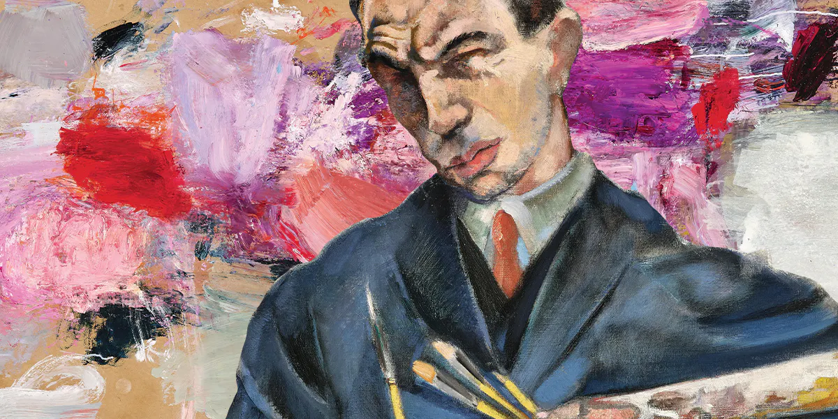 Hinten: Martha Jungwirth, Ohne Titel, 2015, Öl auf Papier auf Leinwand, 143 x 200 cm, erzielter Preis € 520.000, Weltrekord. Foto © Dorotheum. Vorne: Max (Mopp) Oppenheimer, Selbstporträt, um 1933, Öl auf Leinwand, 98 x 81 cm, erzielter Preis € 700.000, Weltrekordpreis. Foto © Dorotheum (Collage)