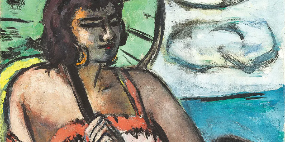 Max Beckmann (1884 Lipsia - 1950 New York), “Quappi con ombrellino verde”, 1938, firmato e datato: Beckmann A. 38, olio su tela, 110 x 65 cm, cornice spagnola del XVII secolo. Foto © Grisebach (dettaglio)