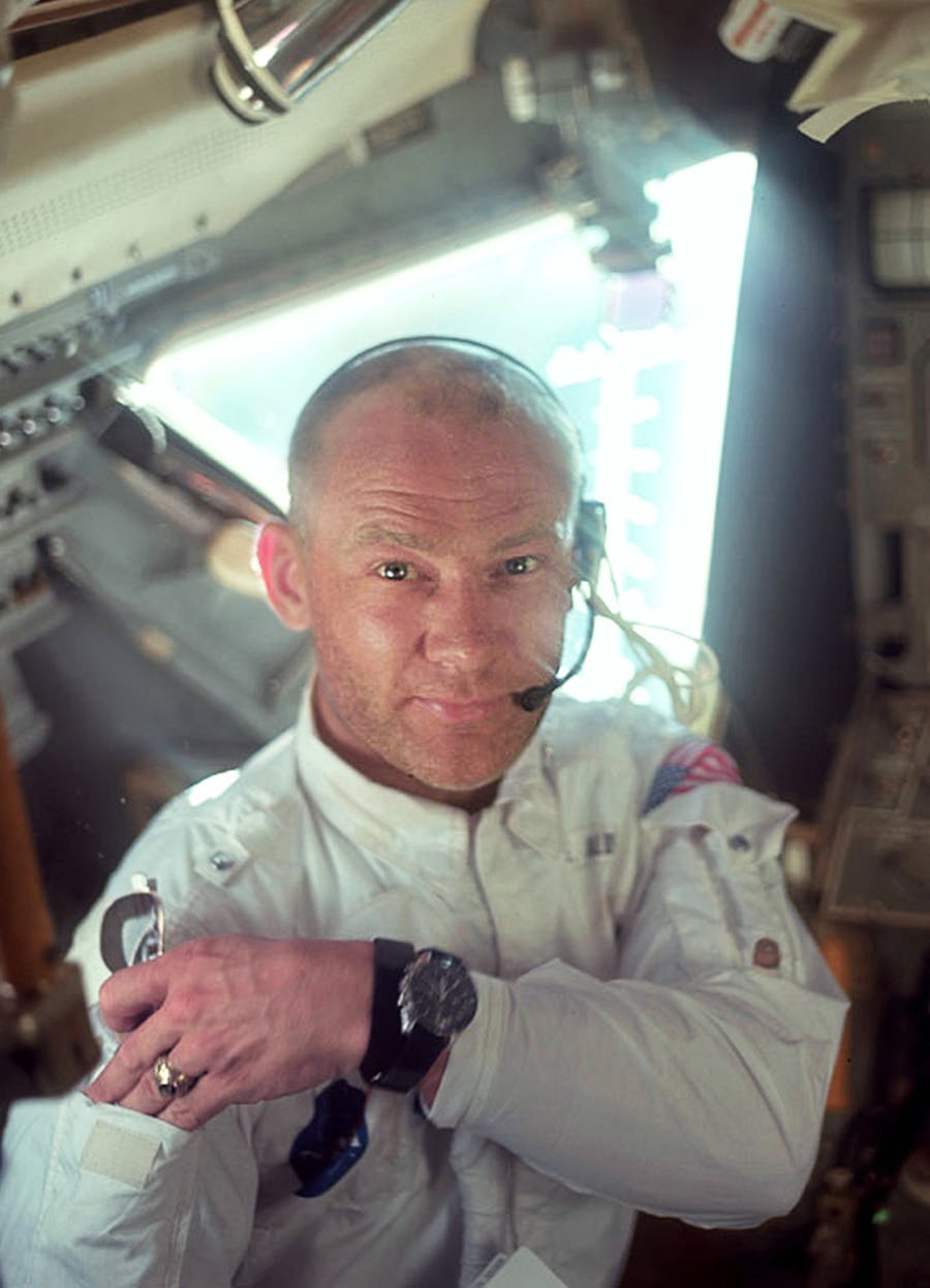 A portrait of Buzz Aldrin aboard the Lunar Module Eagle on the lunar surface just after the first moon walk wearing his Omega watch. Photo: Corbis/Corbis via Getty Images