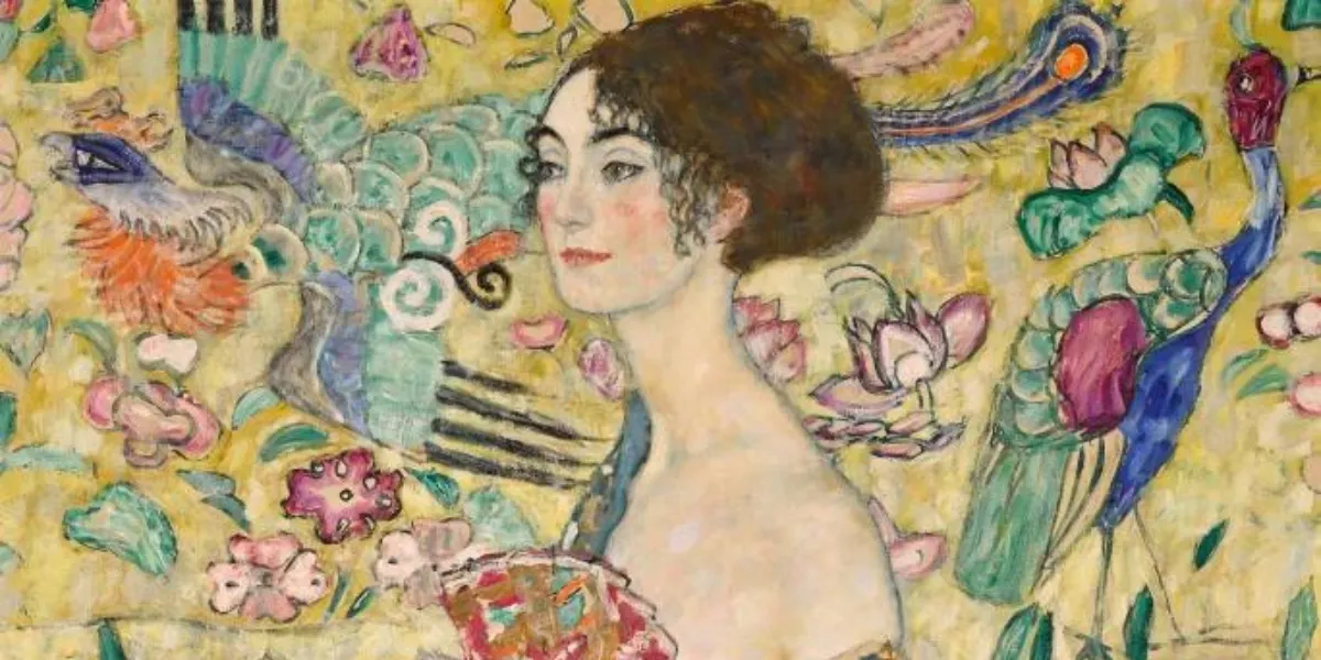 Gustav Klimt, Dame mit Fächer (Lady with a Fan), oil on canvas. 100.2 by 100.2 cm., 39 ½ by 39 ½ in. Executed in 1917-18. Image © Sotheby's (detail)