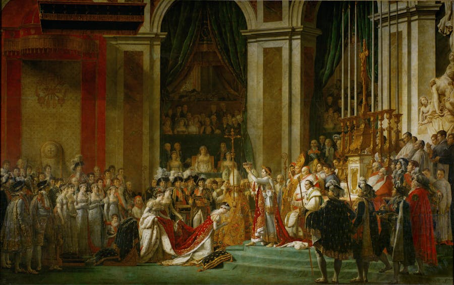 Jacques Louis David's famous painting of Napoleon's Coronation inside Notre-Dame, 1804. Public domain image