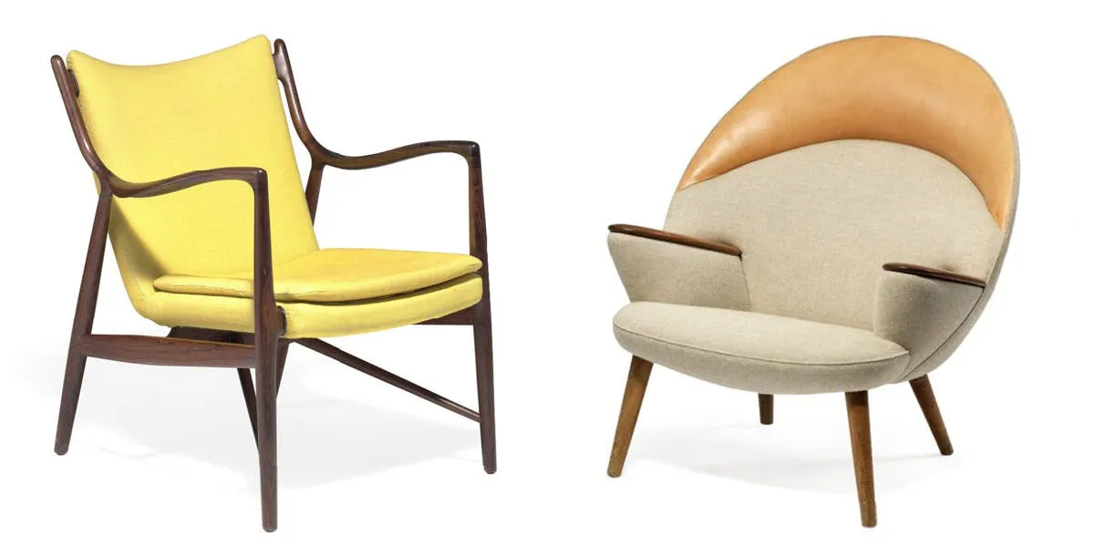 Gauche : Finn Juhl, fauteuil, modèle « FJ 45 », bois de rose, laine et cuir, années 1960, pour Niels Vodder / Droite : Hans J Wegner, fauteuil, modèle « JH 521 », chêne, teck, laine et cuir, v. 1955, pour Johannes Hansen, images © Bruun Rasmussen
