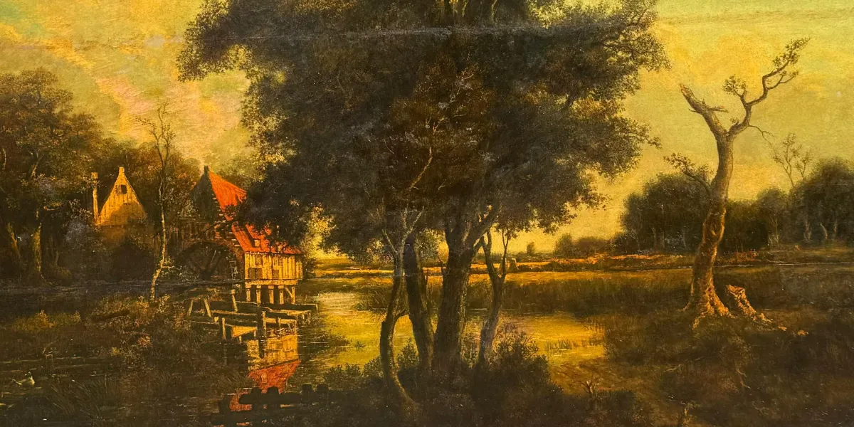 Meindert Hobbema or after, The Old Water Mill, oil on cradled panel. Image © Hess Fine Auctions (detail)