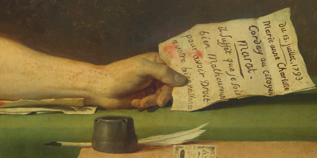 Jacques-Louis David, La Mort de Marat ou Marat assassiné (dettaglio), 1793, olio su tela