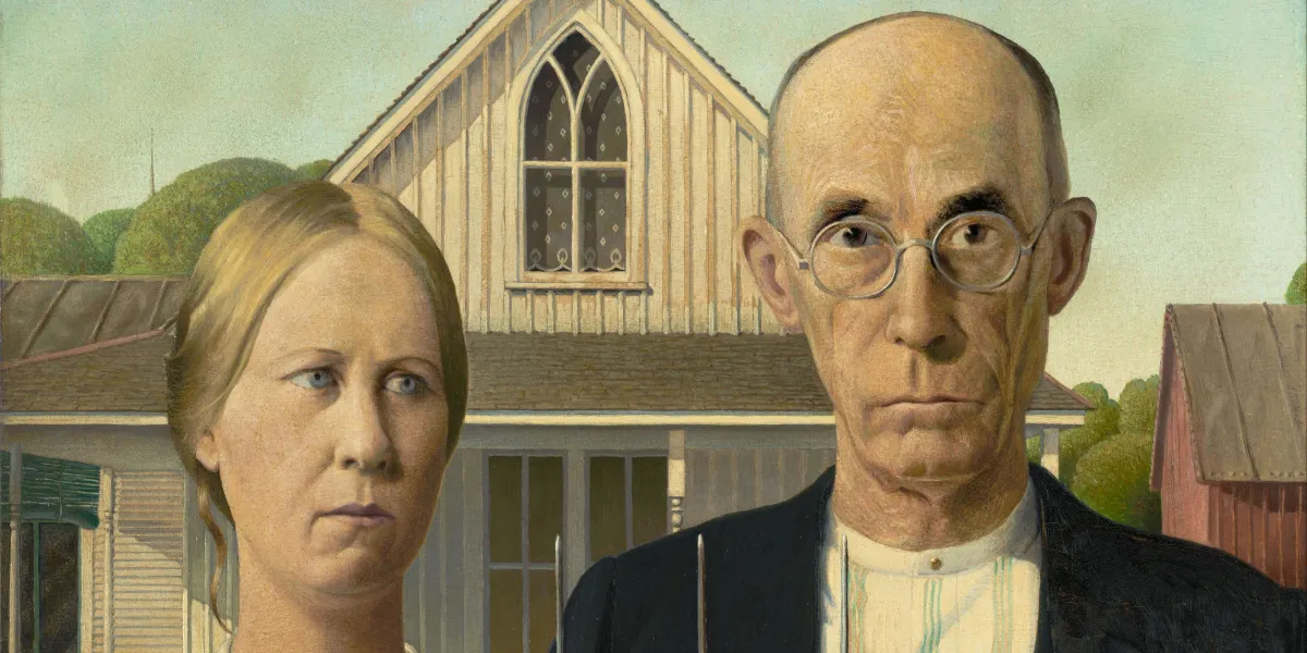 Grant Wood (1891-1942), 'American Gothic', oil on fiberboard, 1930, 78 x 65.3 cm. Public domain image (detail)