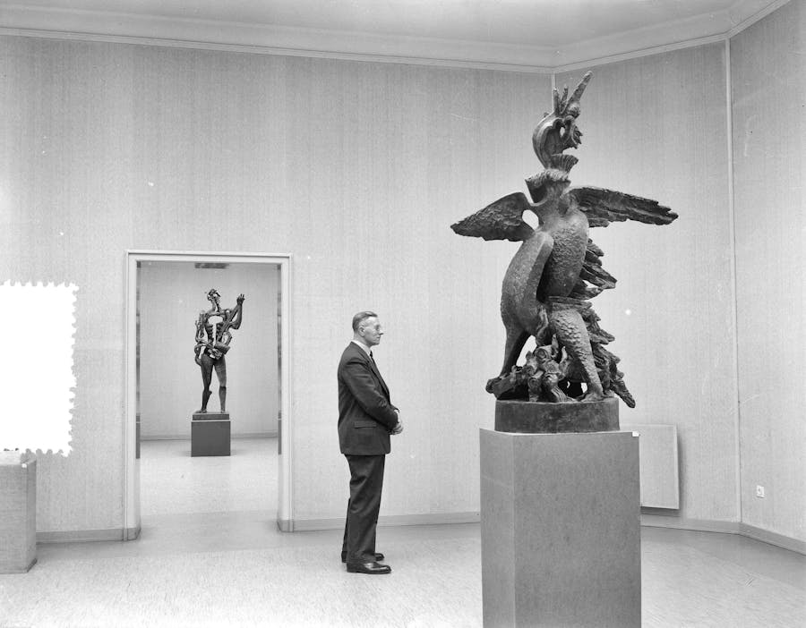 Phoenix, a sculpture by Ossip Zadkine, 13 January 1955. Photo by Daan Noske / Anefo via Wikimedia Commons, Licence CC0