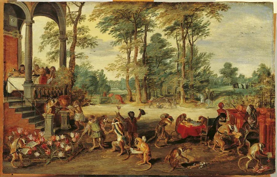 Jan Brueghel il Giovane (1601-1678), Persiflage auf die Tulpomanie, 1640, olio/pannello di legno, 31 x 49 cm, Museo Frans Hals, Haarlem. Foto di pubblico dominio