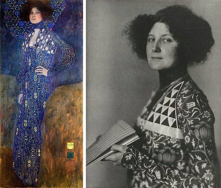 Gauche : Gustav Klimt, Emilie Flöge, 1902 / Droite : Koloman Moser, Emilie Flöge, 1910, images CCØ