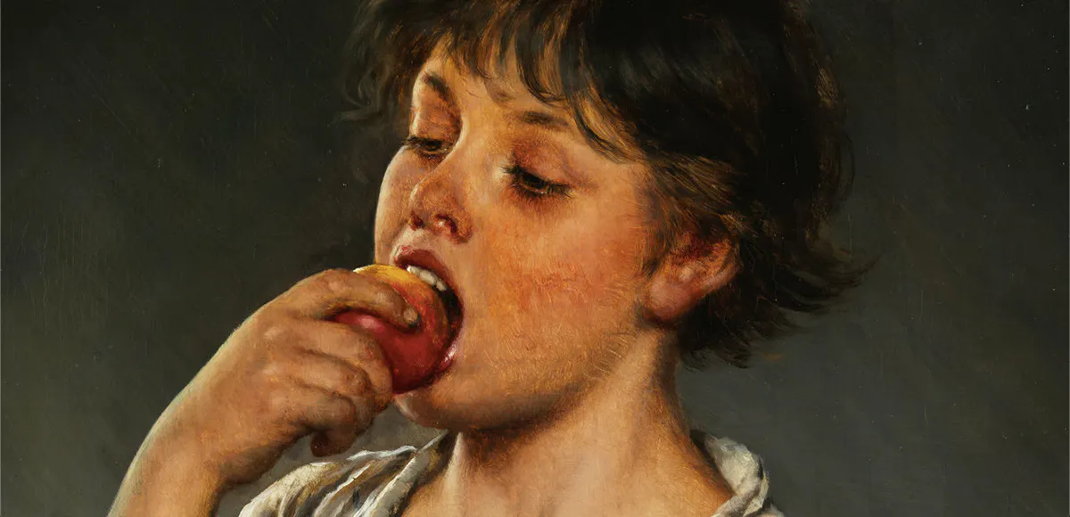 Eugen Alfons von Blaas (1843 Albano Laziale – 1931 Venedig), Knabe beim Genuss eines Pfirsichs, Öl/Lwd., signiert und datiert, 1886 | Foto: © Hampel (Detail)