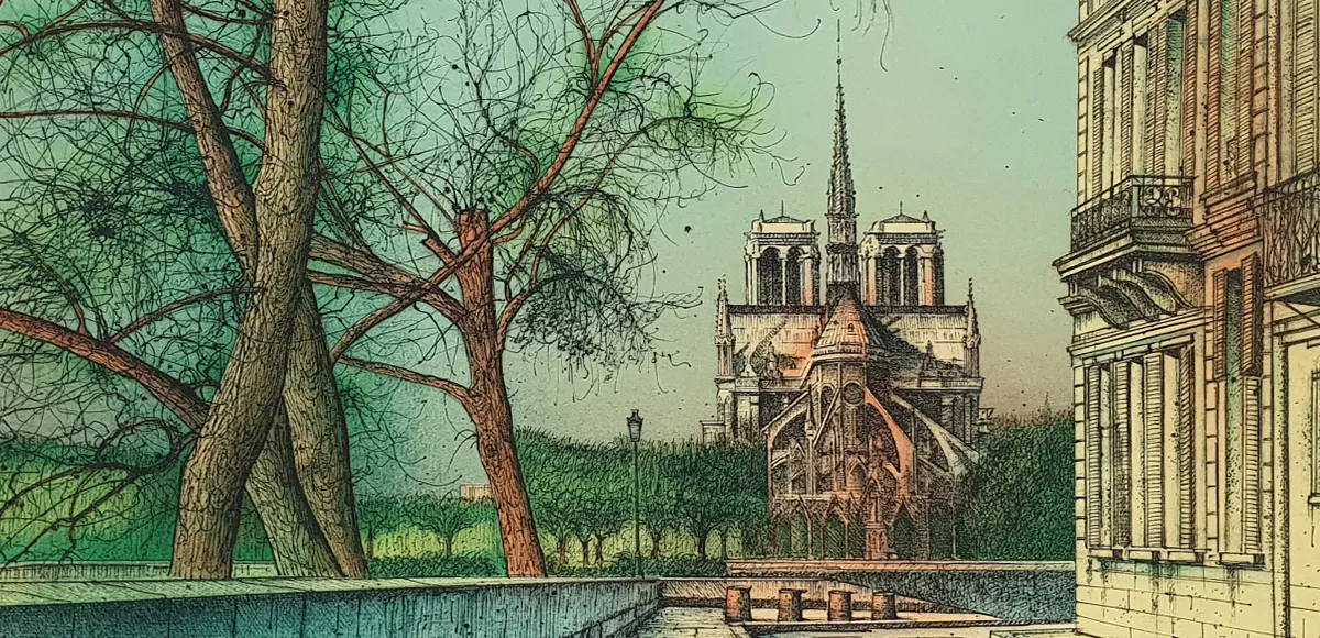 Jean Carzou, Vers Notre Dame (détail), 1983, lithographie, signée et datée en bas à droite, image © Rossini