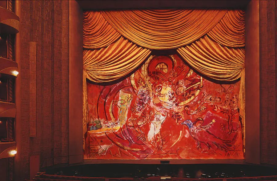 Marc Chagall (1887-1985), curtain for the final scene of Mozart's The Magic Flute at the Metropolitan Opera New York, realized by Volodia Odinokov, 13.37 x 19.81 m. Photo © Bonhams
