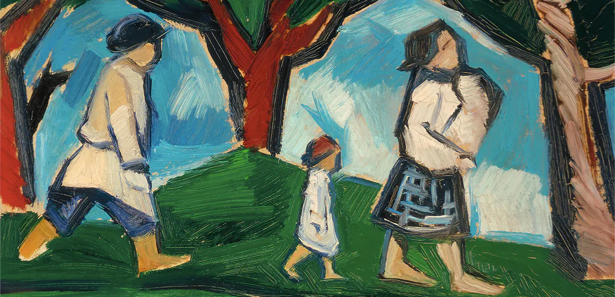 Natalija Goncharow (1881 Tula - 1962 Paris), "Promenade au bord de l'eau", Öl/Karton, monogrammiert, 1910/11 | Foto: © Schuler (Detail)