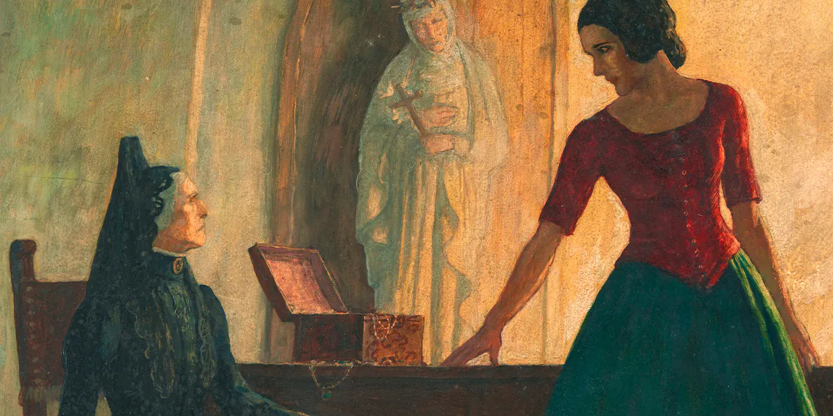 Newell Convers Wyeth (1882-1945), Ramona, illustrazione del frontespizio (Señora Gonzaga Moreno e Ramona), firmata, olio su tavola, 63,8 x 42,9 cm (incorniciato 71,1 x 50 x 3,2 cm). Foto © Bonhams Skinner (dettaglio)