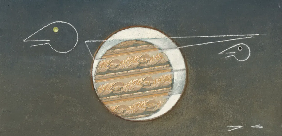 Max Ernst, 'Mer agitée, soleil, nuage et maître Corbeau avec son fils', 1953, collage och olja på duk, signerad och daterad, 92 x 73 cm (detalj). Foto © Lempertz