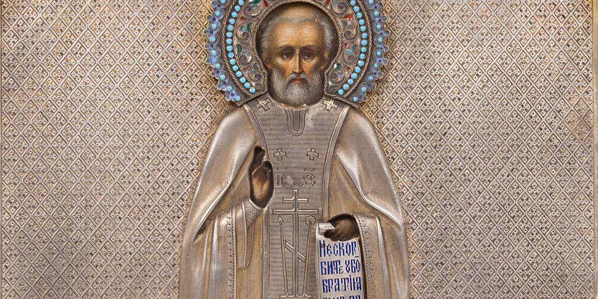 Ikone des Heiligen Sergej von Radonesch im Silberoklad mit Cloisonné-Emaille, Russland, Ende 19. Jh. Foto © Eppli (Detail)