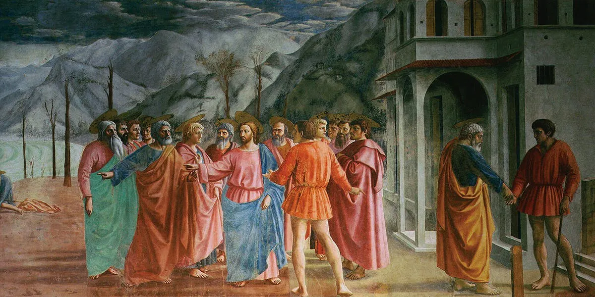 Tommaso Masaccio, 'Il tributo', 1425, affresco, Cappella Brancacci. Foto di pubblico dominio