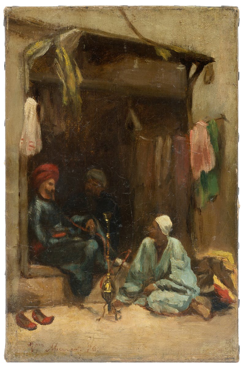 Victorine Meurent, Orientalist scene with hookah smoker, oil on canvas, 25 x 16,5 cm, signed and dated '[18]76. Image © Aguttes 