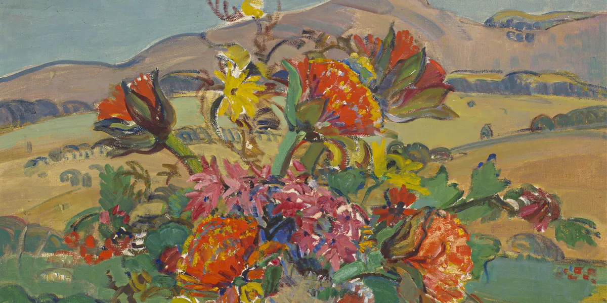 Alice Tennant, ‘Flowers in a Black Vase, Landscape Beyond’, oil on canvas, 54 x 67 cm (detail). Image © Strauss & Co