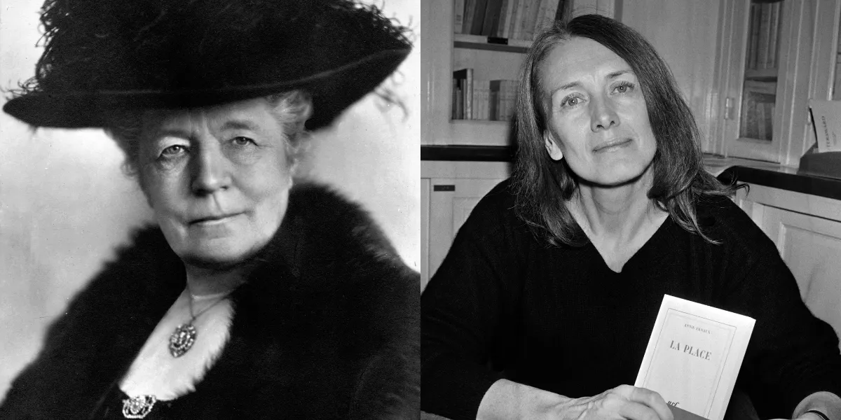 Den första och den senaste kvinnliga Nobelpristagaren i litteratur; Selma Lagerlöf och Annie Ernaux. Foton public domain (detalj) och Pierre GUILLAUD / AFP (detalj) 