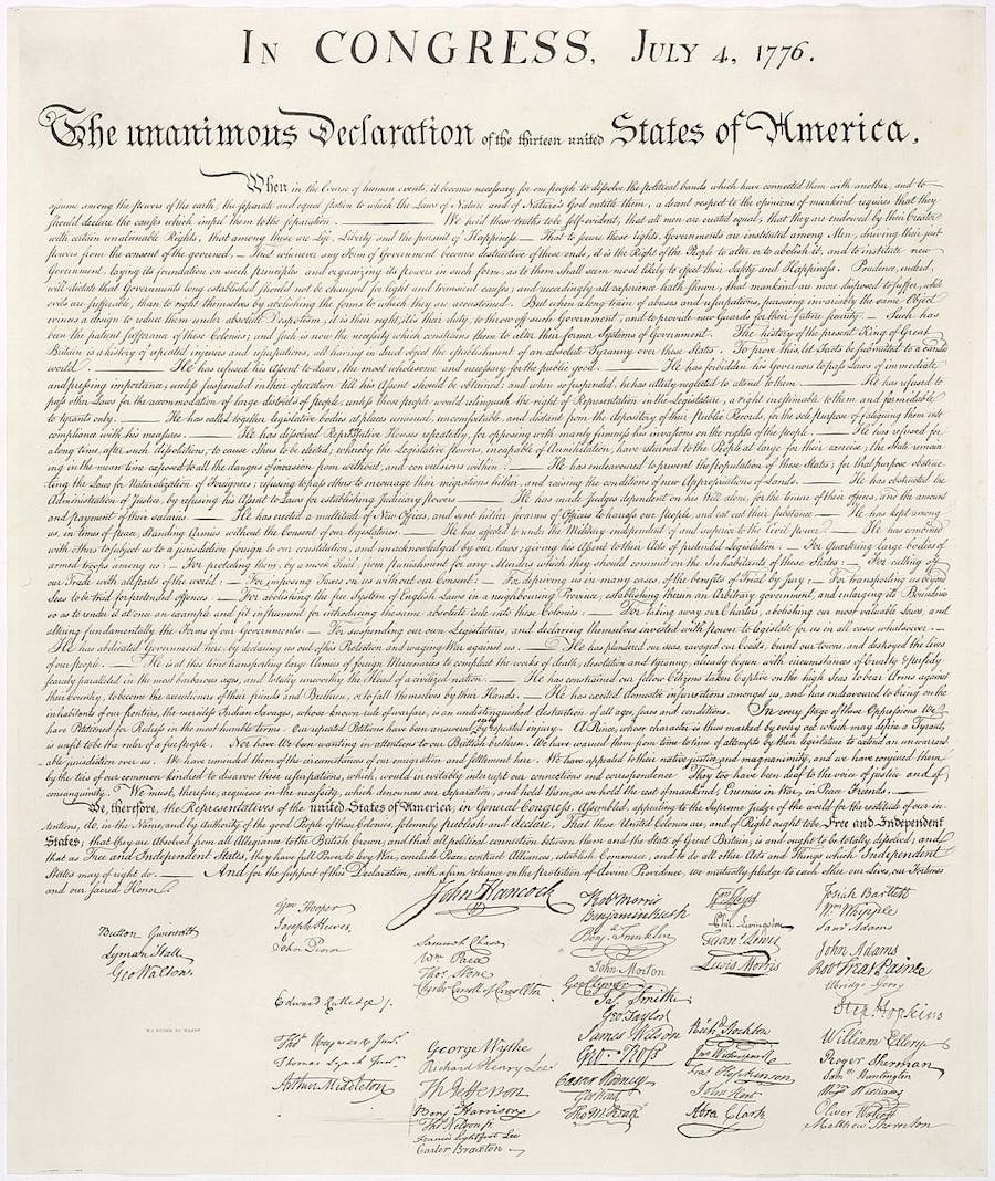 A high-resolution image of the United States Declaration of Independence. This image is a version of the 1823 William Stone facsimile. Photo: Wiki Commons