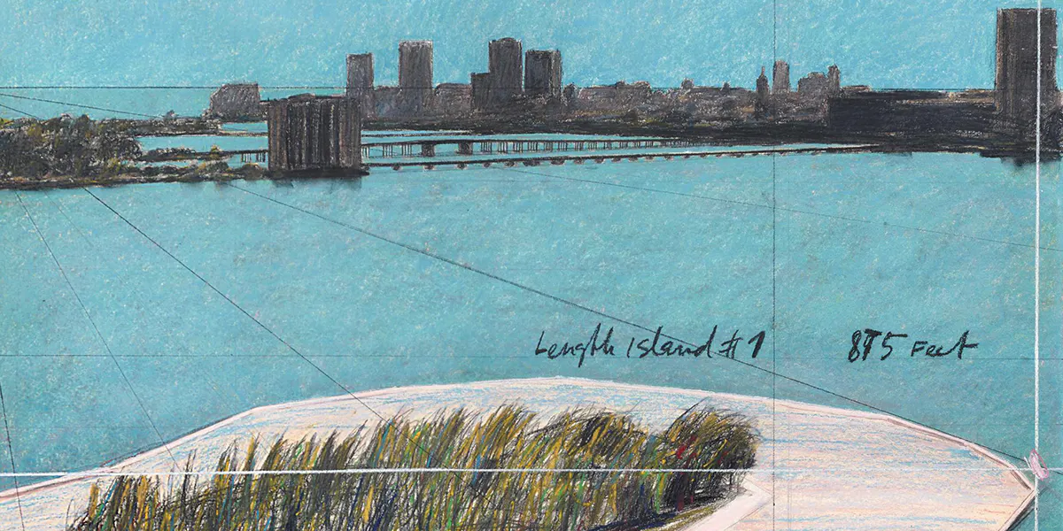 Christo (Javacheff Christo) (1935 Gabrovo, Bulgaria - 2020 New York), Surrounded Islands (Project for Biscayne Bay, Greater Miami, Florida), 1982, opera in due parti, firmata, datata e titolata, pastello a cera, pastello, pittura a smalto, carboncino, matita, disegno di costruzione e fotografia aerea su carta montata su legno, 244 x 106,6 cm e 244 x 38 cm, in cornice di plexiglass. Foto © Dorotheum (dettaglio)