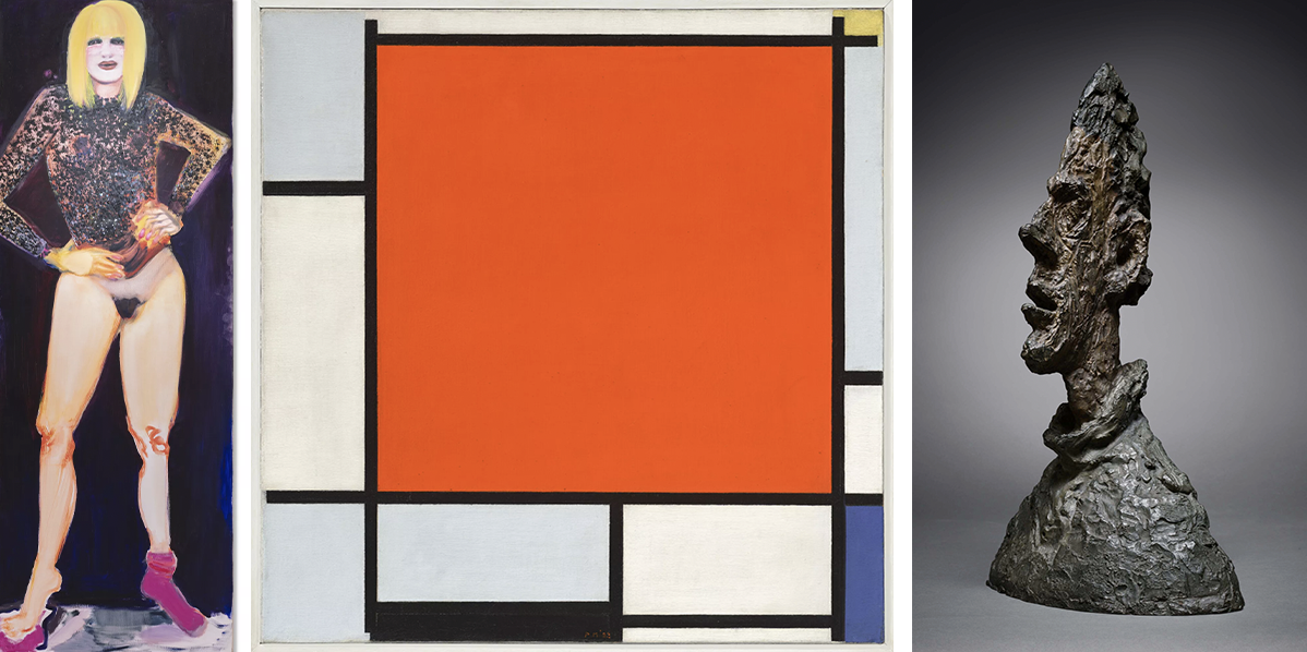 Left: Madeleine Dumas (*1953), Miss January, 1997, signed, titled and dated, oil on canvas, 280 x 100 cm. Photo © Christie's (detail). Center: Piet Mondrian (1872-1944), Composition with Large Red Plane, Bluish Gray, Yellow, Black and Blue, 1922, monogrammed and dated, oil on canvas, 54 x 53.3 cm. Photo © Christie's. Right: Alberto Giacometti (1901-1966), Grande tête mince, 1954, executed 1955, engraved signature, painted bronze, h. 65.4 cm. Photo © Sotheby's (detail)