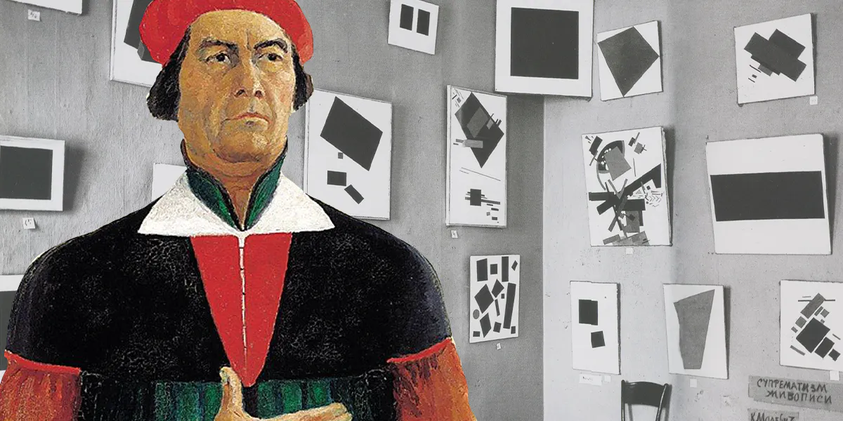 Front: Kazimir Severinovich Malevich (1879-1935), Self-portrait, 1933, oil on canvas, 73 x 66 cm, Russian Museum, St. Petersburg. Photo in the public domain (detail). Back: The 0.10 Exhibition with the Black Square in Petrograd, 1915. Photo in the public domain (detail)