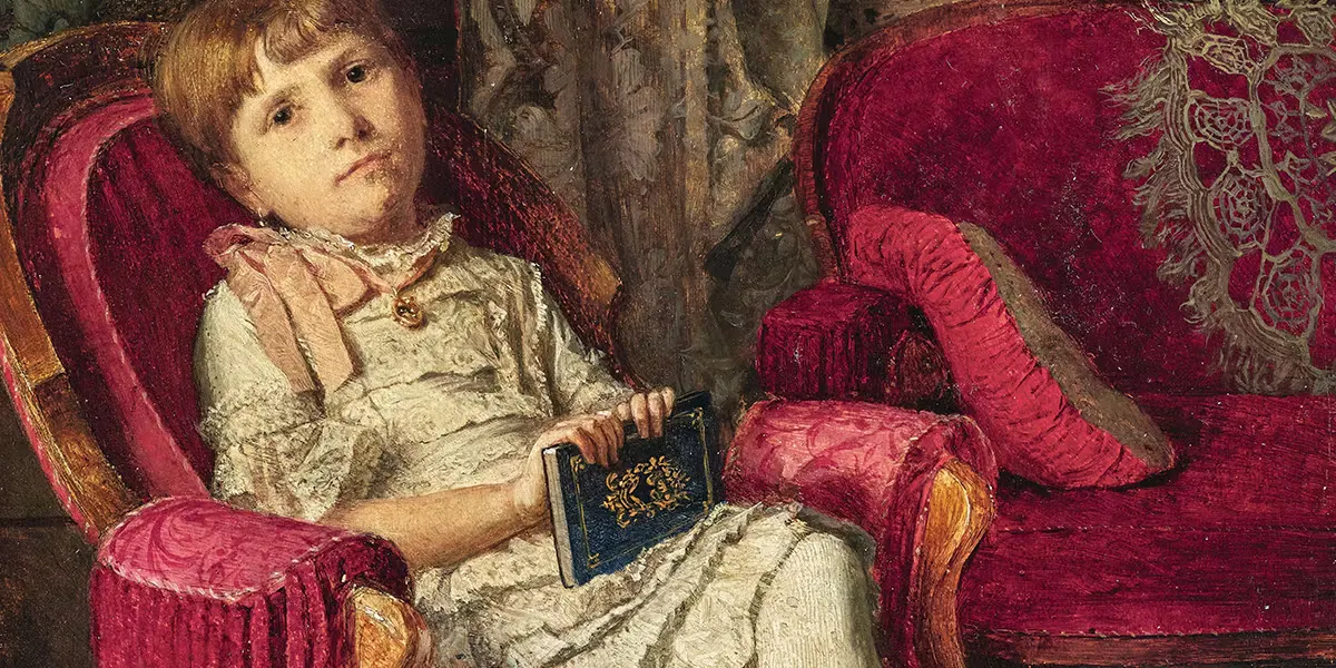 Uroš Predić, Jeune fille (Angelina, la nièce de l'artiste à l'âge de 7 ans) avec un livre dans un fauteuil rouge, monogrammée en cyrillique, datée (18)84, huile sur bois, adjugé pour 169 500 euros. Photo © Dorotheum (détail)