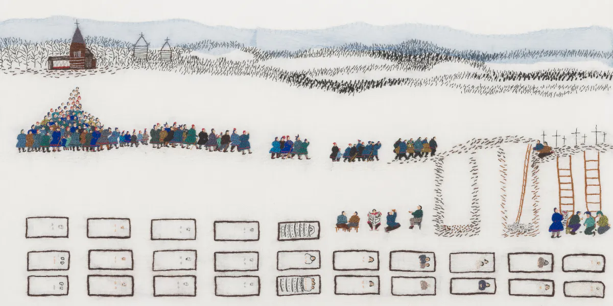 Britta Marakatt-Labba, Mátki II, 1989/2021 [Färden II /The Journey II] Broderi och applikation på bomull/Sákkaldagat ja applikašuvnnat bumbolullu nalde/Embroidery and appliqué on cotton 41,5 × 70 cm Moderna Museet, Stockholm © Britta Marakatt-Labba/Bildupphovsrätt 2025 Foto/Photo: Tobias Fischer/Moderna Museet (detalj)