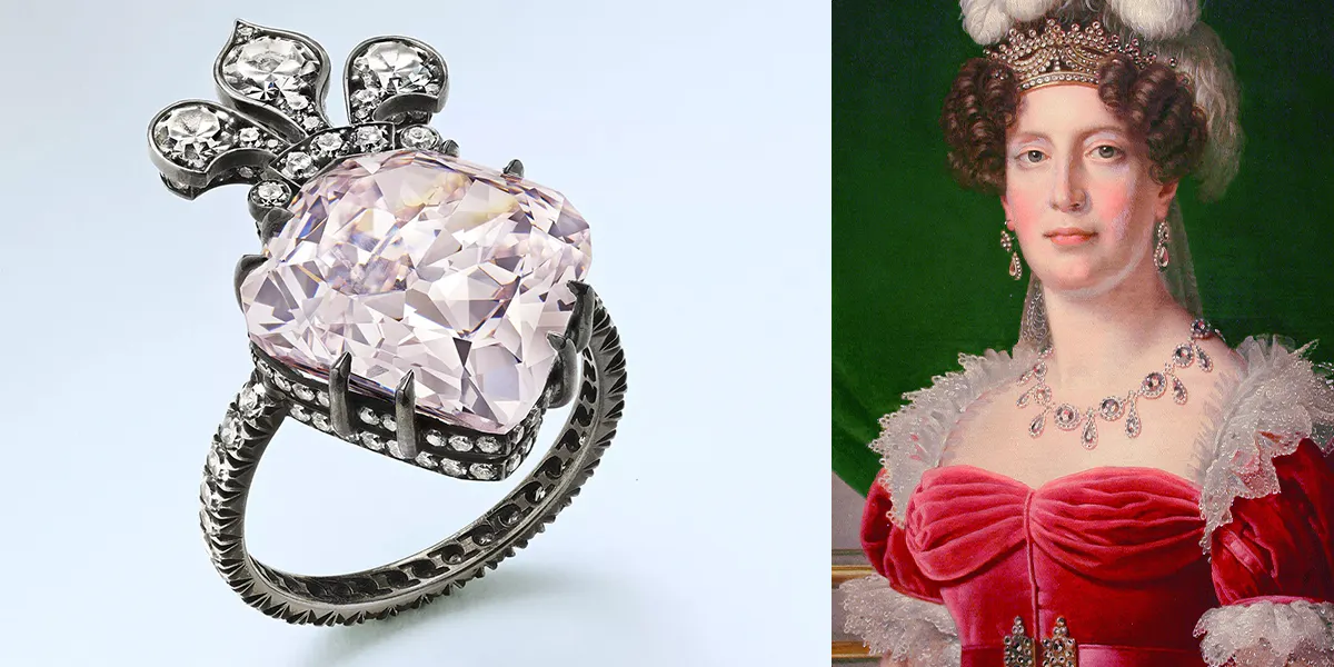 Left: The Marie-Thérèse Pink Diamond, 10.38 ct, Fancy Purple-Pink, modified kite brilliant-cut, set in a JAR ring of blackened platinum with diamond accents. Photo © Christie's (detail). Right: Alexandre-François Caminade (1789–1862), Marie-Thérèse, Duchesse d'Angoulême, 1827, oil on canvas, 72 x 59 cm, Musée du Louvre, Paris. Photo public domain