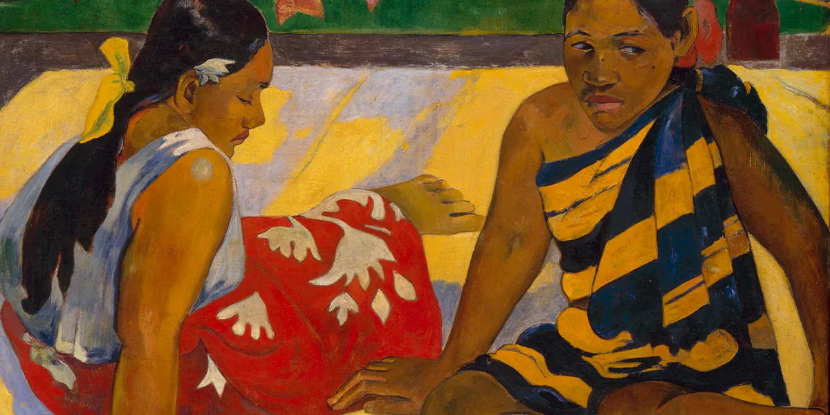 Paul Gauguin (1848-1903), Gibt's was Neues? (Parau api), 1892, Öl/Lwd., 67 x 91 cm, Galerie Neue Meister, Dresden. Foto gemeinfrei (Detail)