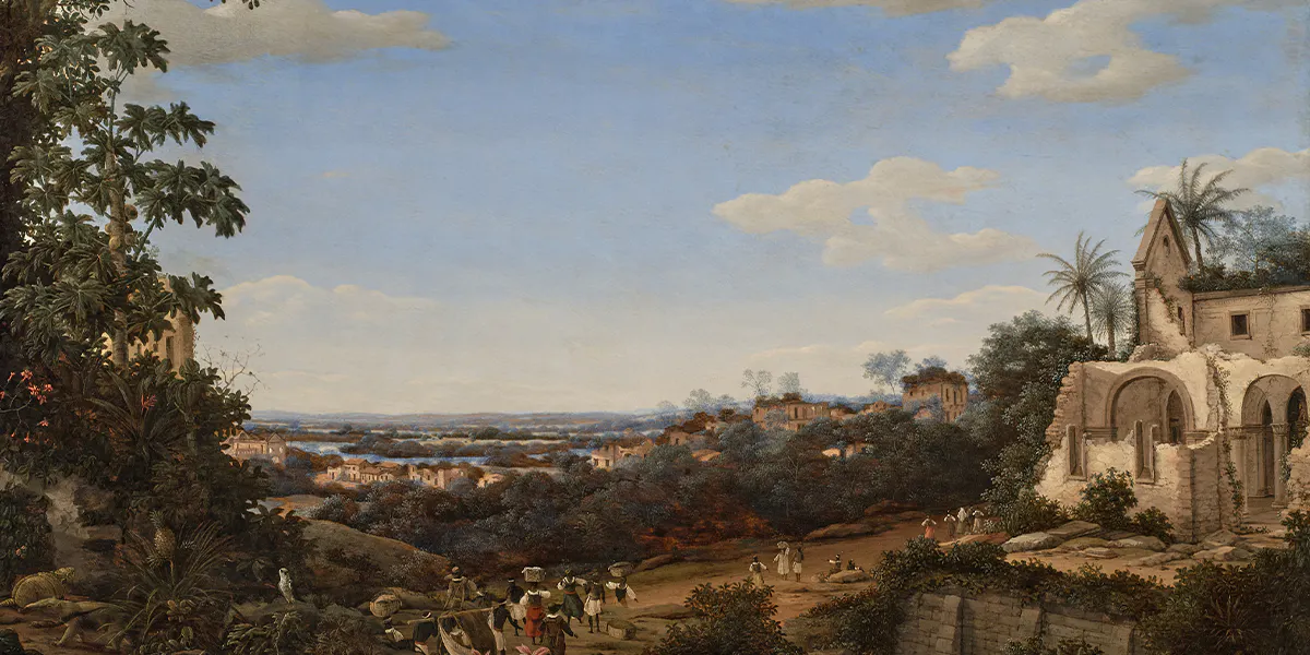 Frans Post, Veduta di Olinda, Brasile, con le rovine della chiesa dei Gesuiti, 1666, firmato e datato, olio su tavola di quercia, 58,4 x 88,9 cm. Foto © Sotheby's (dettaglio)