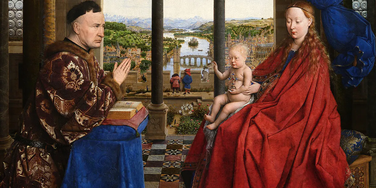 Jan van Eyck (um 1390-1441), Die Madonna des Kanzlers Nicolaus Rolin, um 1435, Öl/Holz, 66 x 62 cm, Musée du Louvre, Paris. Foto gemeinfrei (Detail)