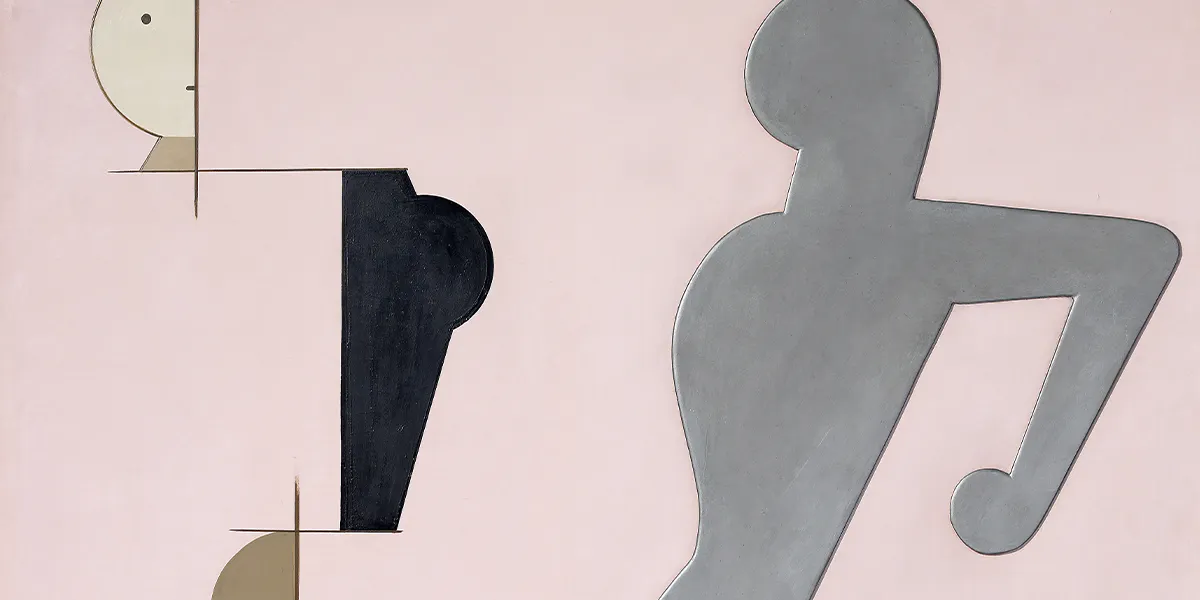 Oskar Schlemmer, Komposition auf Rosa (Rekonstruktion), 1916/1930, signiert, betitelt und datiert, Lack- und Metallfarbe auf Lwd., 128,5 x 95,2 cm. Foto © Lempertz (Detail)