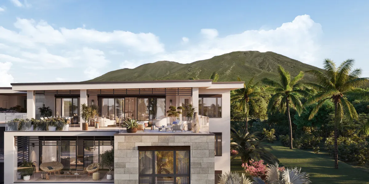 The penthouse at the Nevis Peak Residences with Nevis Peak in the backdrop. Image © St. Kitts & Nevis Sotheby’s International Realty (detail)