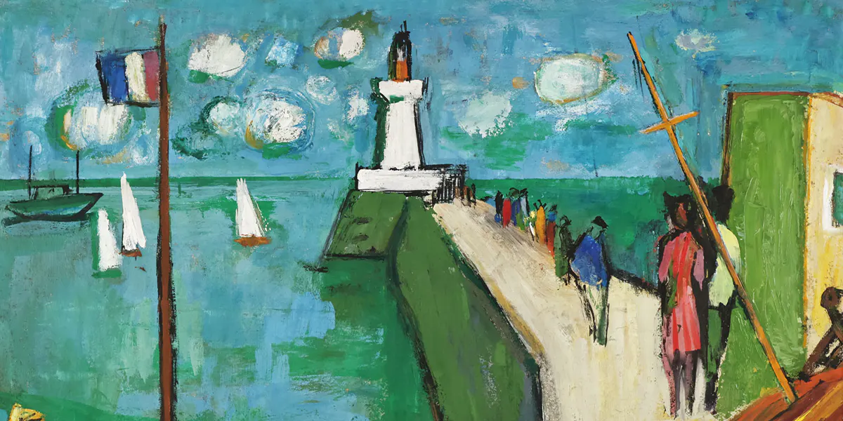 Eitel Klein (1906 Hörlbach bei Ellingen - 1990 Nürnberg), Hafenmole mit Leuchtturm", Tempera/Platte, ca. 65,5 x 86,5cm, gerahmt. Foto © Auktionshaus Franke (Detail)