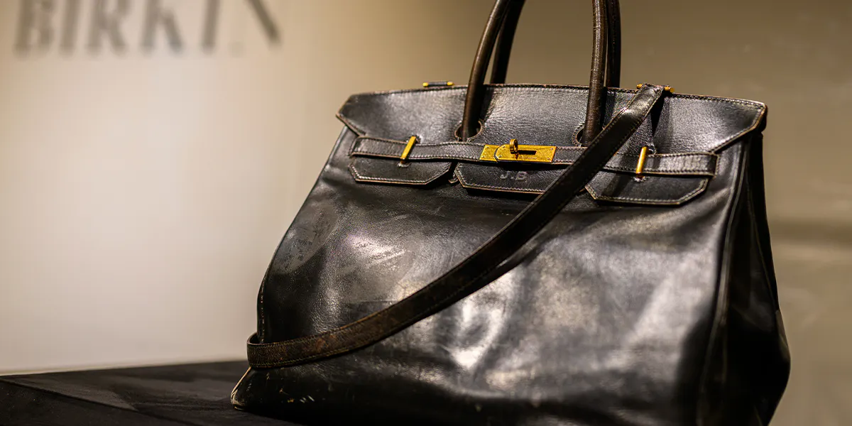 NEW YORK, NEW YORK - JUNE 6: The Original Birkin, 1985, made for Jane Birkin, is displayed during a press preview at Sotheby's on June 6, 2025 in New York City. (Photo: Alexi Rosenfeld/Getty Images) (detail)